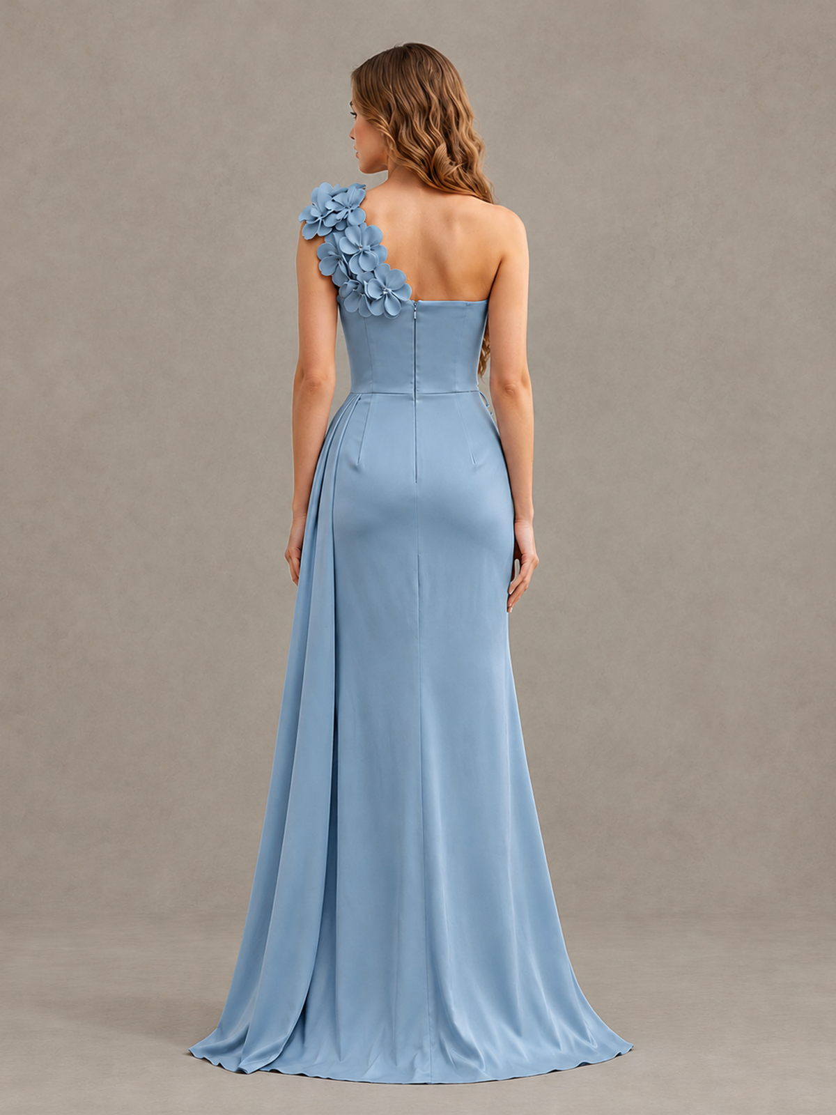 BOLODOO Dusty Blue One-Shoulder Satin Mermaid Evening Gown with 3D Floral Appliqué - Dusty Blue - Dusty Blue_2