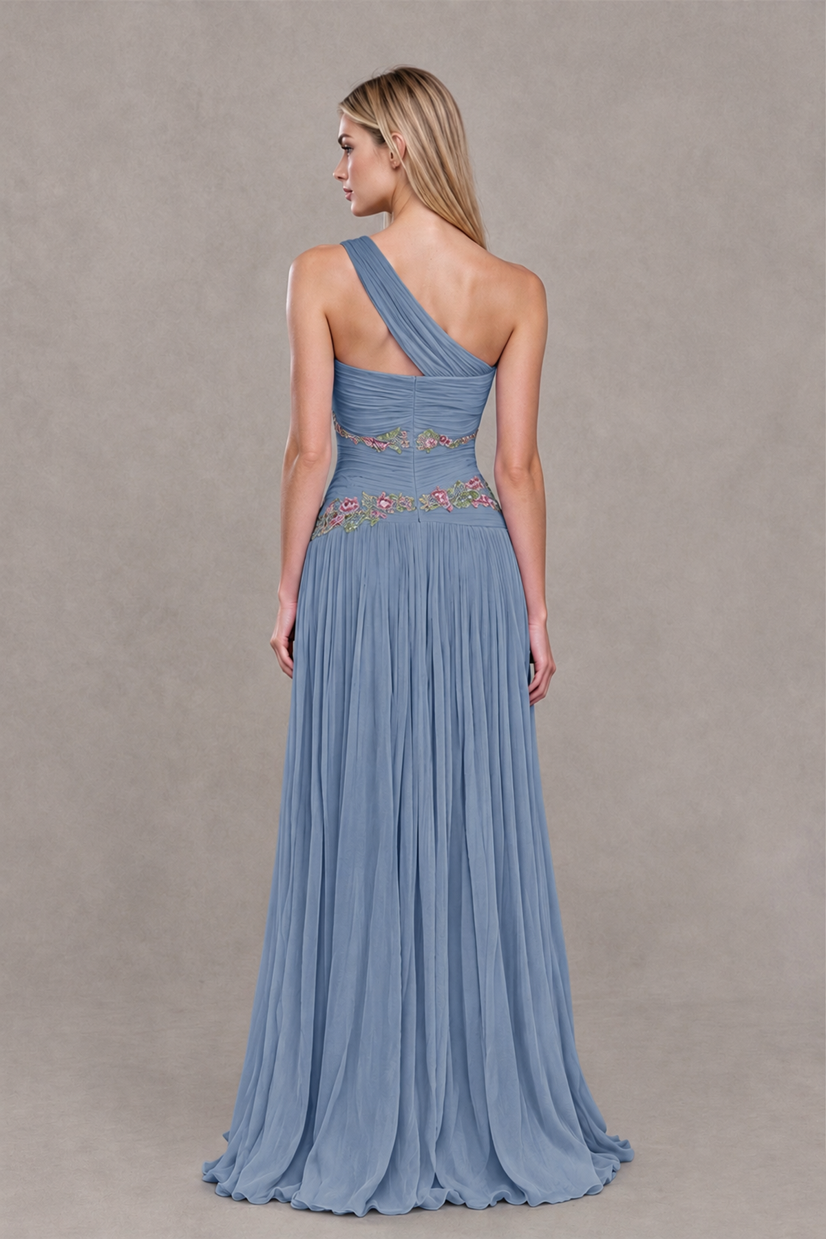 BOLODOO Dusty Blue One-Shoulder Floral Applique A-Line Evening Dress - Dusty Blue - Dusty Blue_2