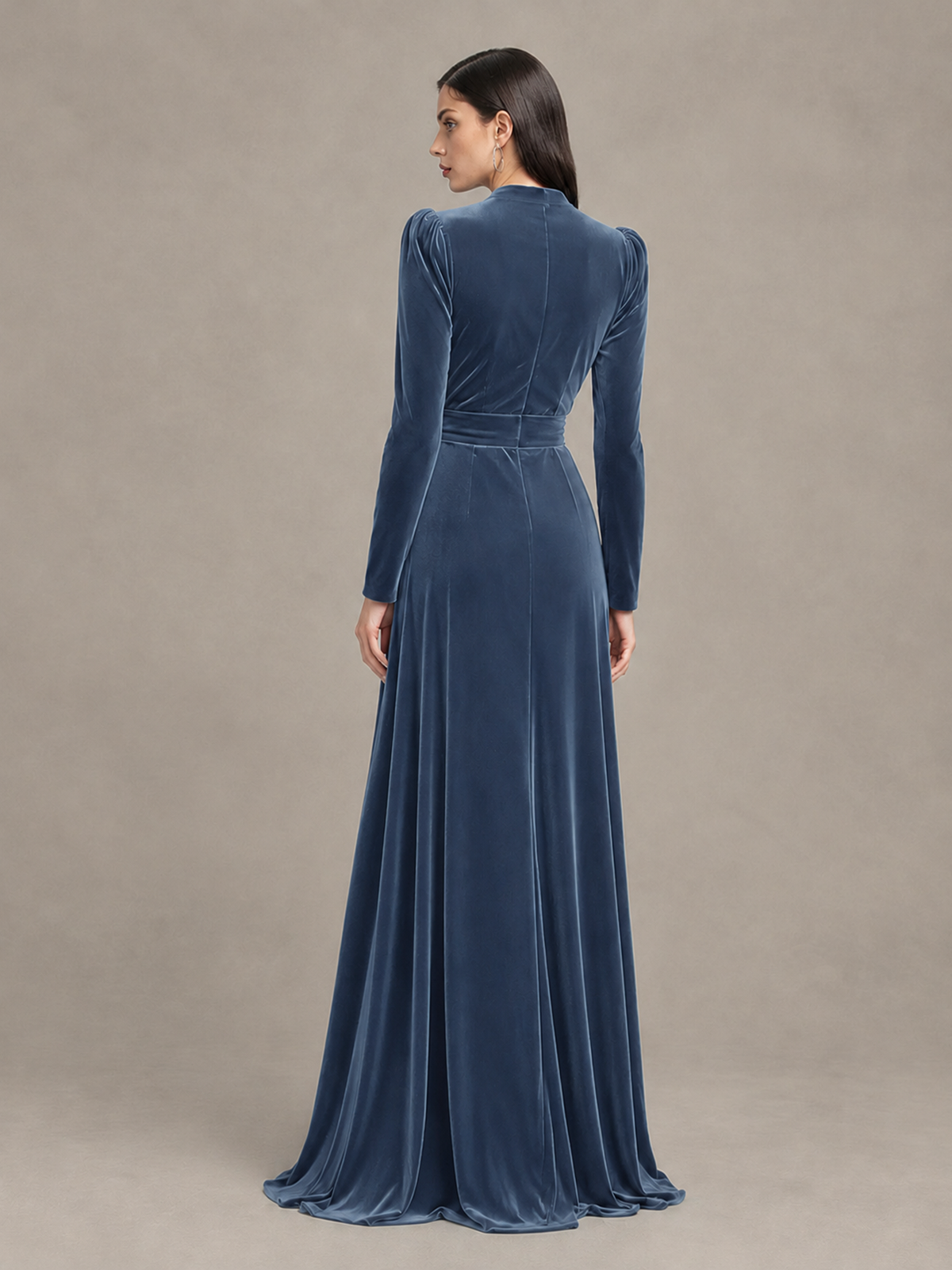 BOLODOO Dusty Blue Long Sleeve Velvet-Look Evening Dress with High Slit - Dusty Blue - Dusty Blue_2