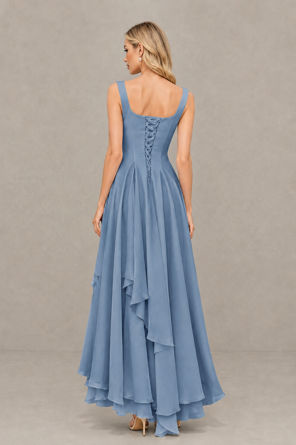 BOLODOO Dusty Blue Square Neck Chiffon Bridesmaid Dress with Lace-Up Back - Dusty Blue