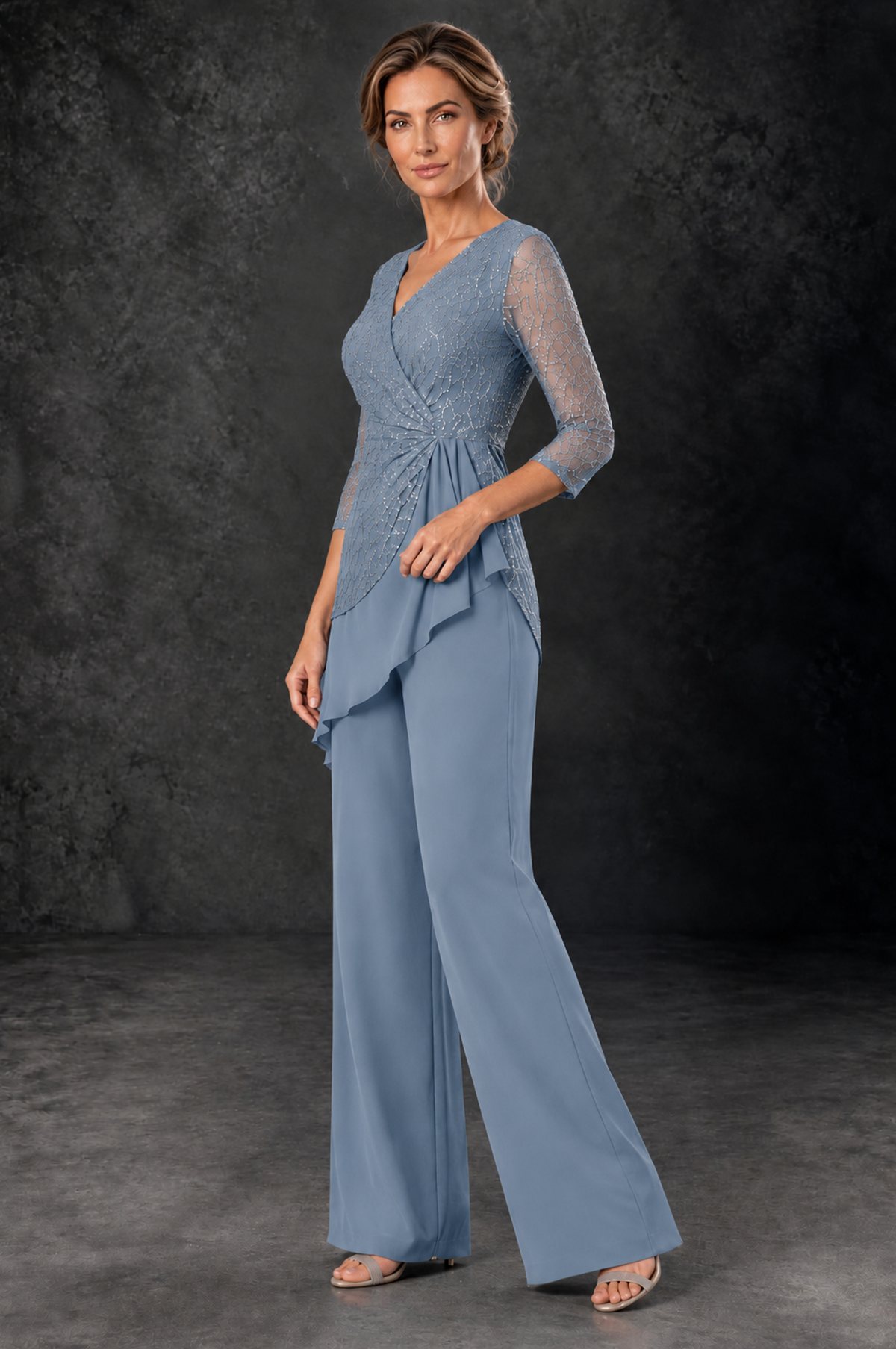 BOLODOO Dusty Blue Sequin Lace 3/4 Sleeve Chiffon Mother of the Bride Pant Suit - Dusty Blue - Dusty_Blue_2