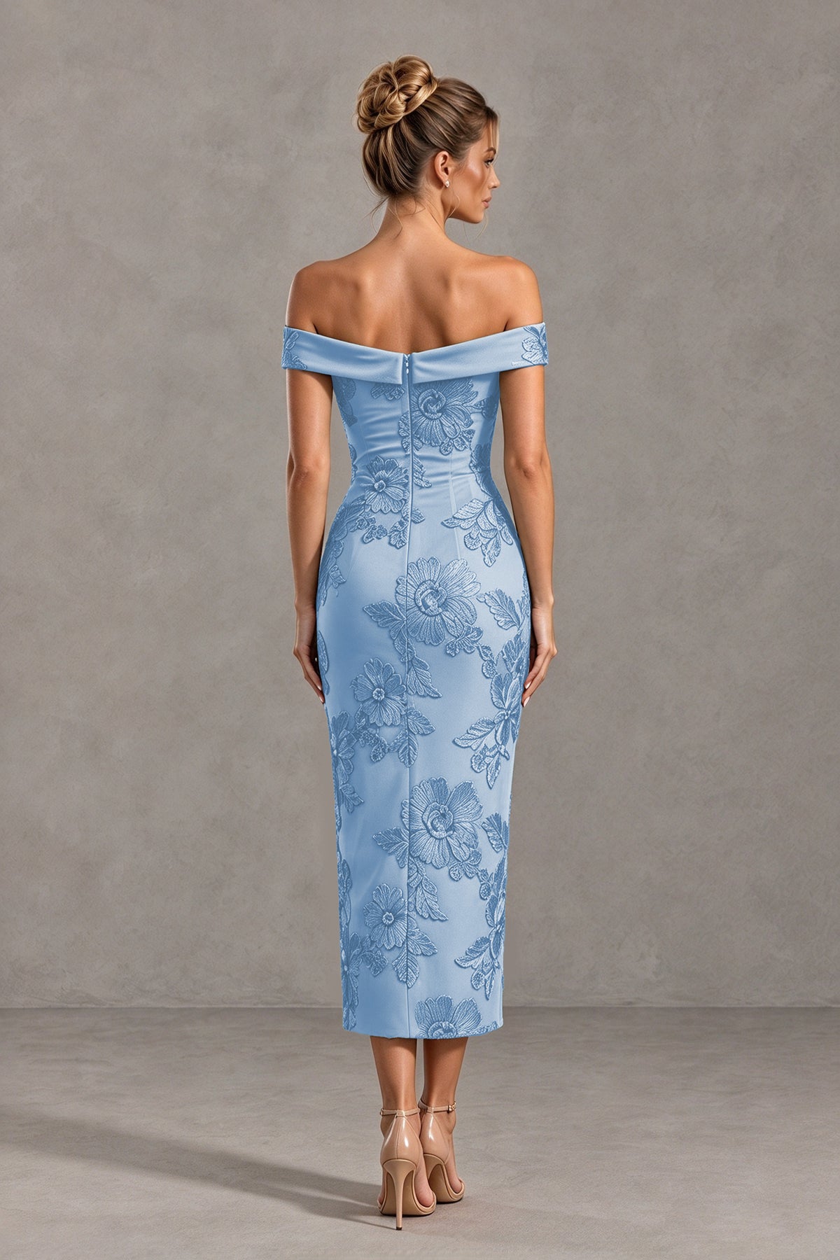 BOLODOO Dusty Blue Off Shoulder Floral Jacquard Midi Dress - Dusty Blue - Dusty Blue(2)
