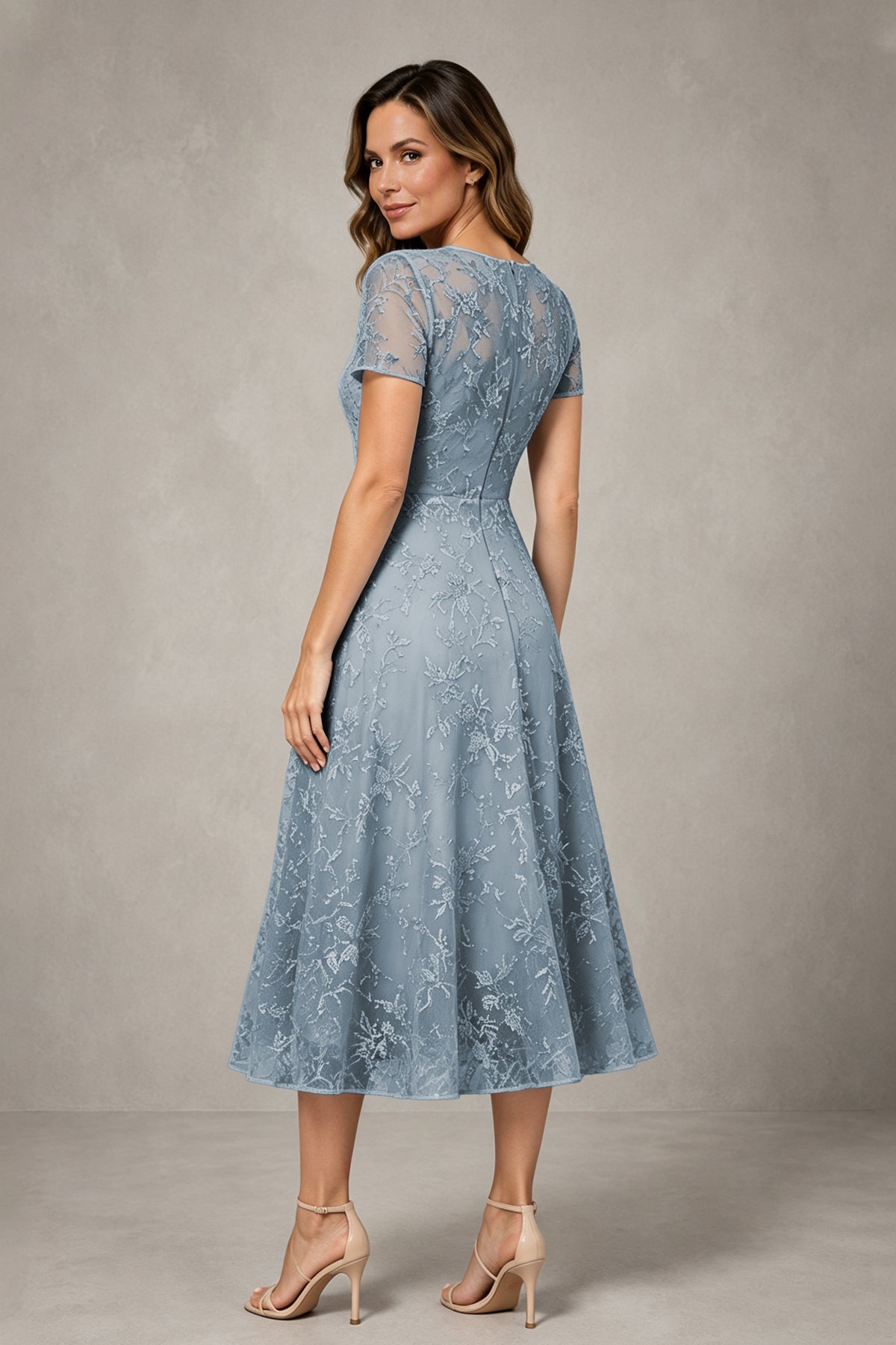 BOLODOO Dusty Blue Textured Floral A-Line Dress with Short Sleeves - Dusty Blue