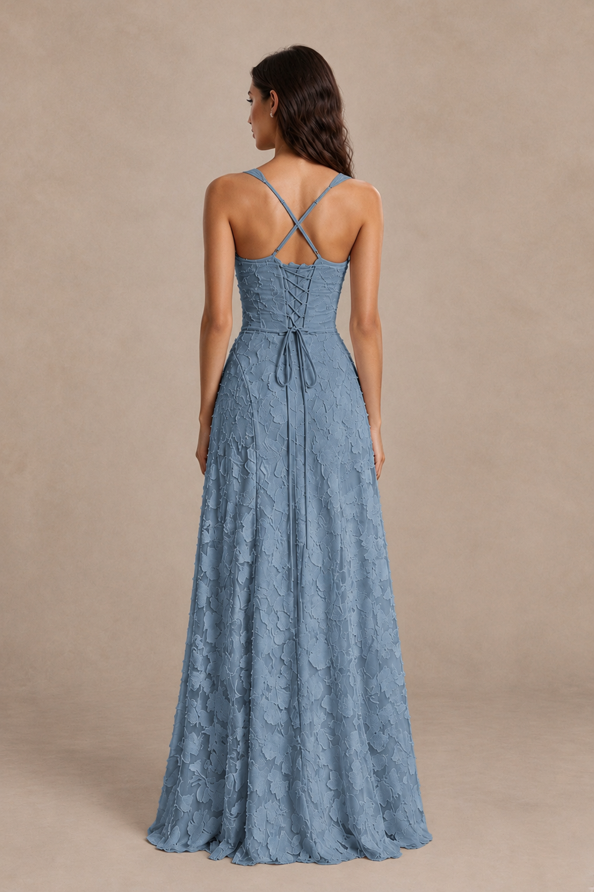 BOLODOO Dusty Blue Floral-Textured A-Line Dress with Lace-Up Back - Dusty Blue - Dusty Blue_2