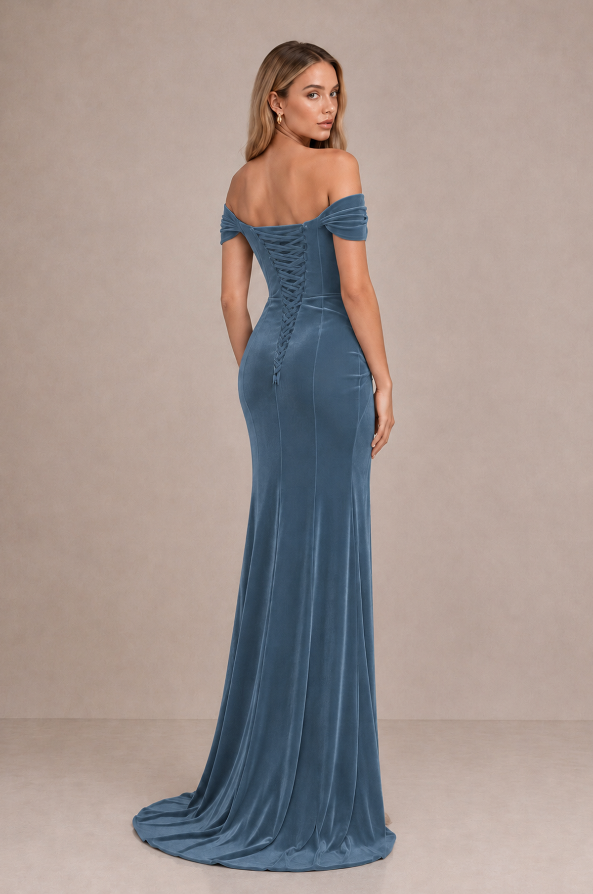 BOLODOO Dusty Blue Velvet Off-Shoulder Ruched High Slit Evening Dress - Dusty Blue - Dusty_Blue_2