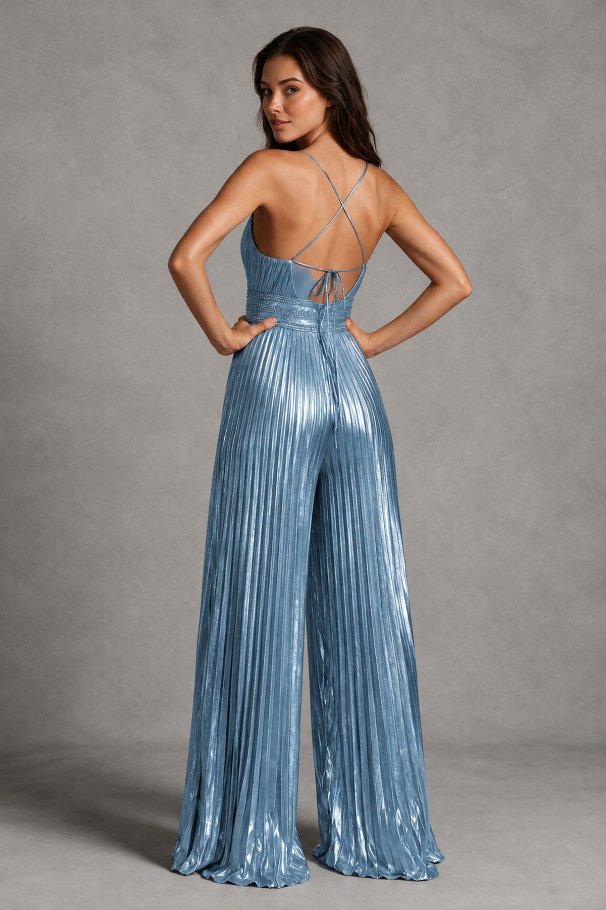BOLODOO Dusty Blue Pleated Wide-Leg Jumpsuit with Open Back - Dusty Blue