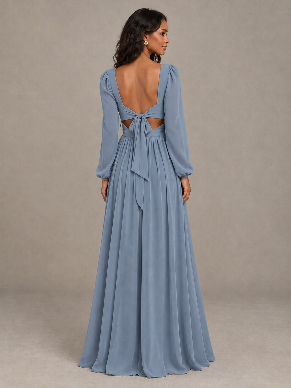 BOLODOO Dusty Blue V-Neck Long Sleeve Bridesmaid Dress with Tie Back and Slit - Dusty Blue - Dusty Blue_2