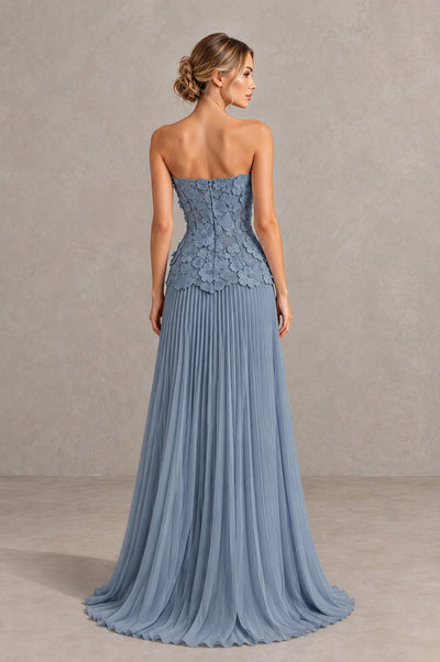 BOLODOO Dusty Blue Strapless Floral Applique Pleated Evening Dress - Dusty Blue - Dusty Blue_2