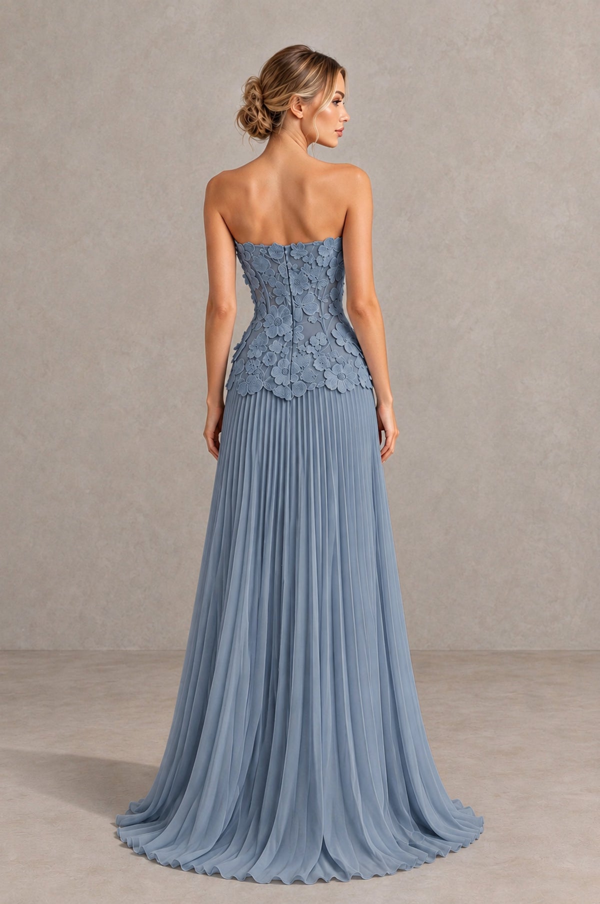 BOLODOO Dusty Blue Strapless Floral Applique Pleated Evening Dress - Dusty Blue - Dusty Blue_2