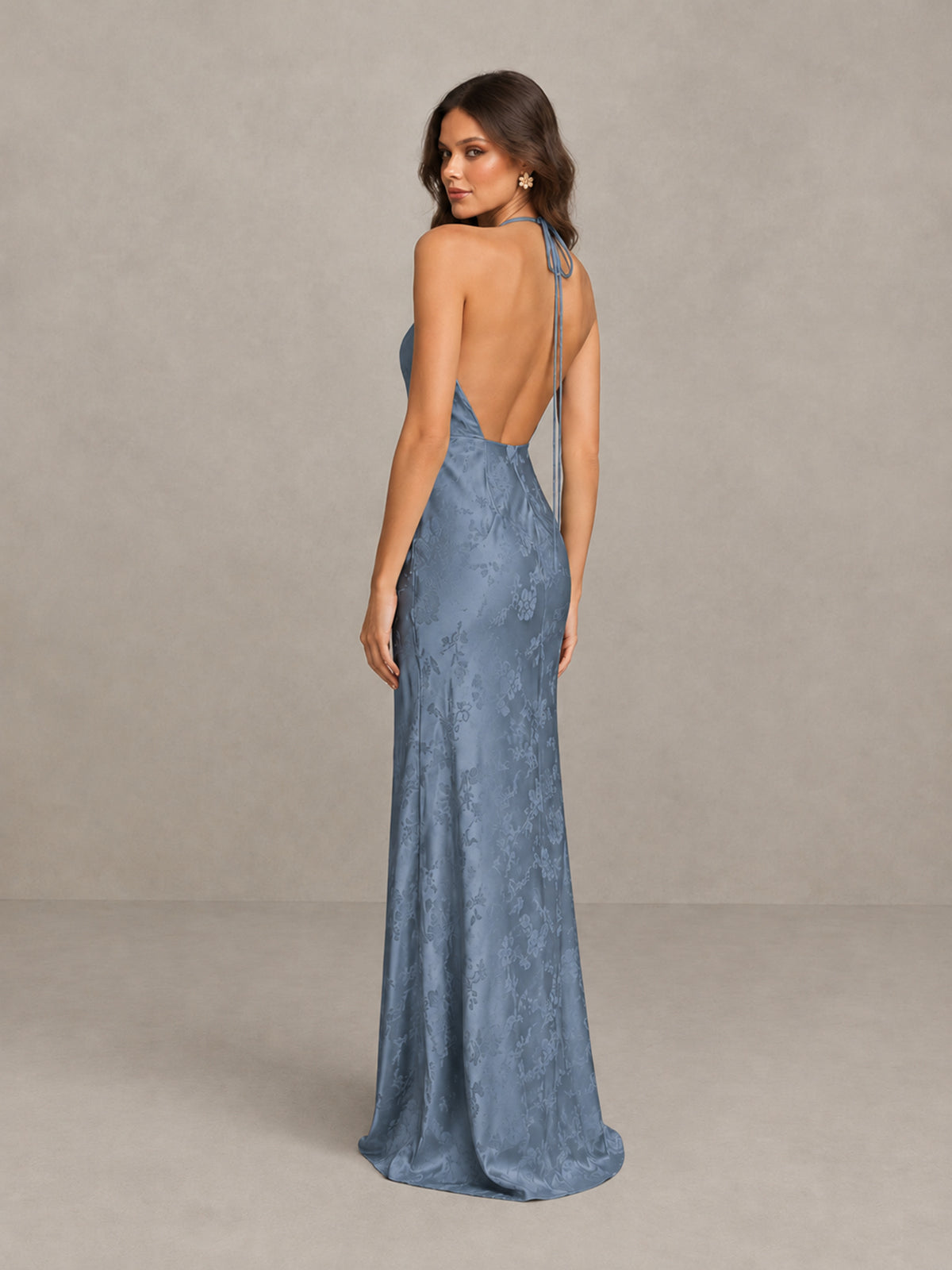BOLODOO Dusty Blue Floral Satin Open-Back Bridesmaid Dress - Dusty Blue - Dusty Blue_2