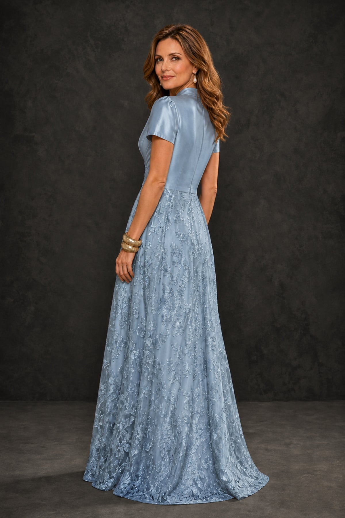 BOLODOO Dusty Blue Satin Wrap V-Neck Short Sleeve Lace Glitter A-Line Floor Length Evening Gown – Formal Dress - Dusty Blue