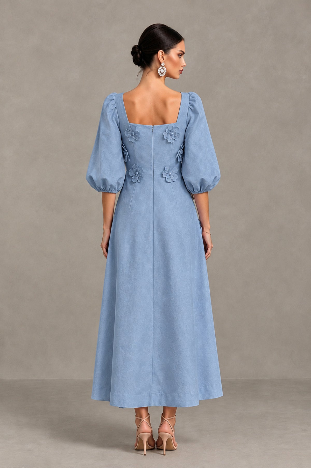 BOLODOO Dusty Blue 3D Floral Puff Sleeve Midi Cocktail Dress - Dusty Blue - Dusty Blue_2