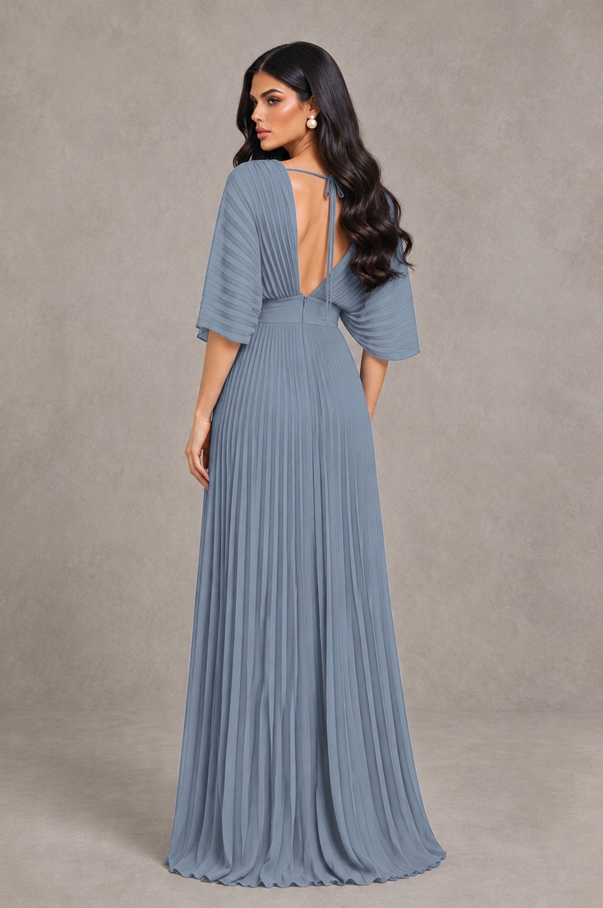 BOLODOO Dusty Blue V-Neck Pleated Flutter Sleeve Formal Dress - Dusty Blue - Dusty Blue_2