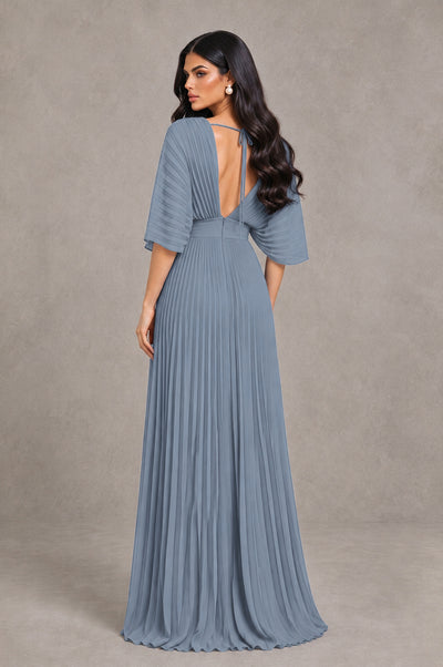 BOLODOO Dusty Blue V-Neck Pleated Flutter Sleeve Formal Dress - Dusty Blue - Dusty Blue_2