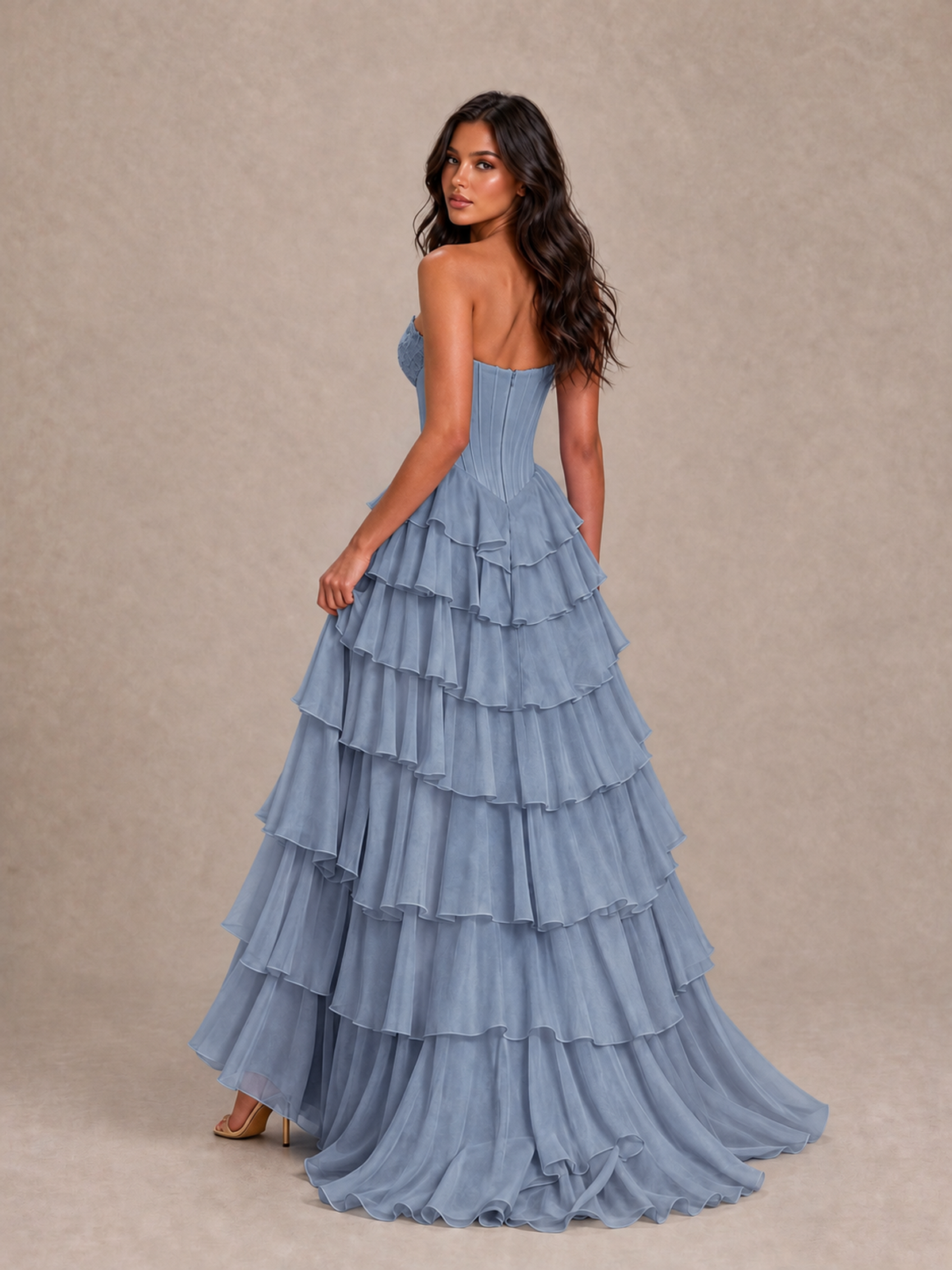 BOLODOO Dusty Blue Strapless Corset Tiered Ruffle Prom Dress with High Slit - Dusty Blue - Dusty Blue_2