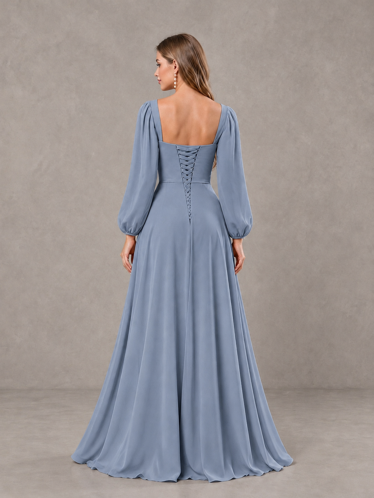 BOLODOO Dusty Blue Square Neck Long Sleeve Bridesmaid Dress with Ruffle Slit - Dusty Blue - Dusty Blue_2
