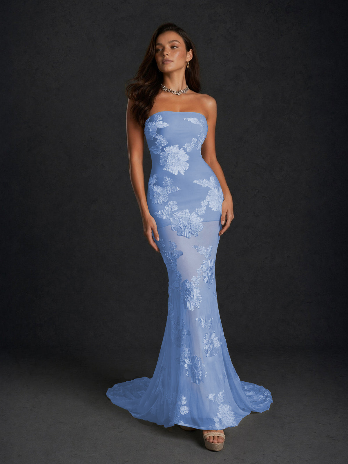 BOLODOO Dusty Blue Champagne Gold Floral Sequin Embroidered Mesh Strapless Open Back Mermaid Maxi Dress with Train - Dusty Blue