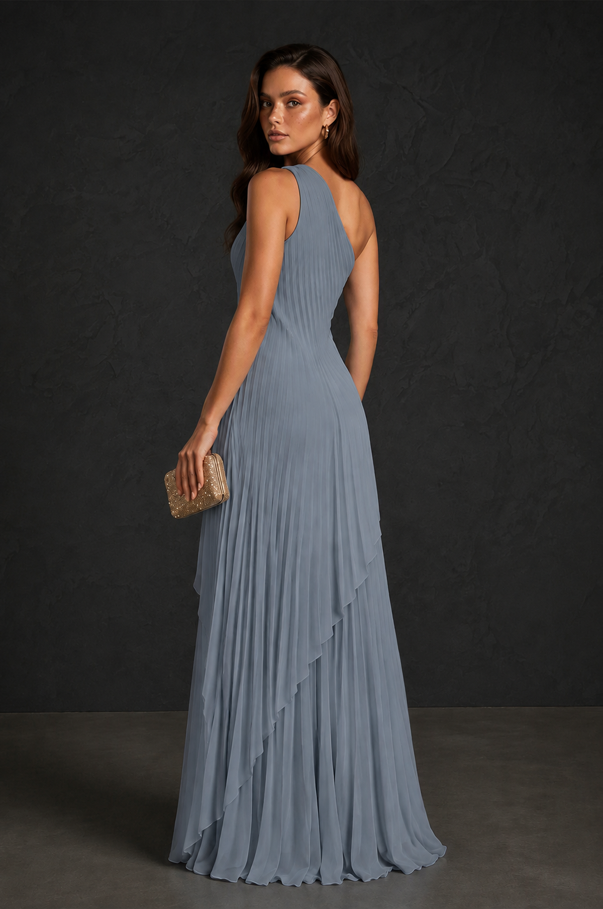 BOLODOO Dusty Blue One-Shoulder Sunburst Pleated Asymmetric Layered Overlay Accordion Pleated Chiffon Maxi Dress - Dusty Blue