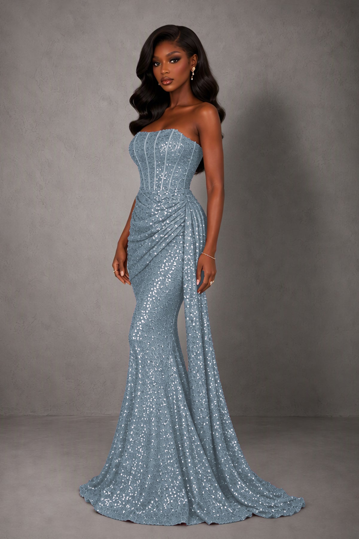 BOLODOO Dusty Blue Sequin Strapless Corset Mermaid Evening Gown with Train - Dusty Blue