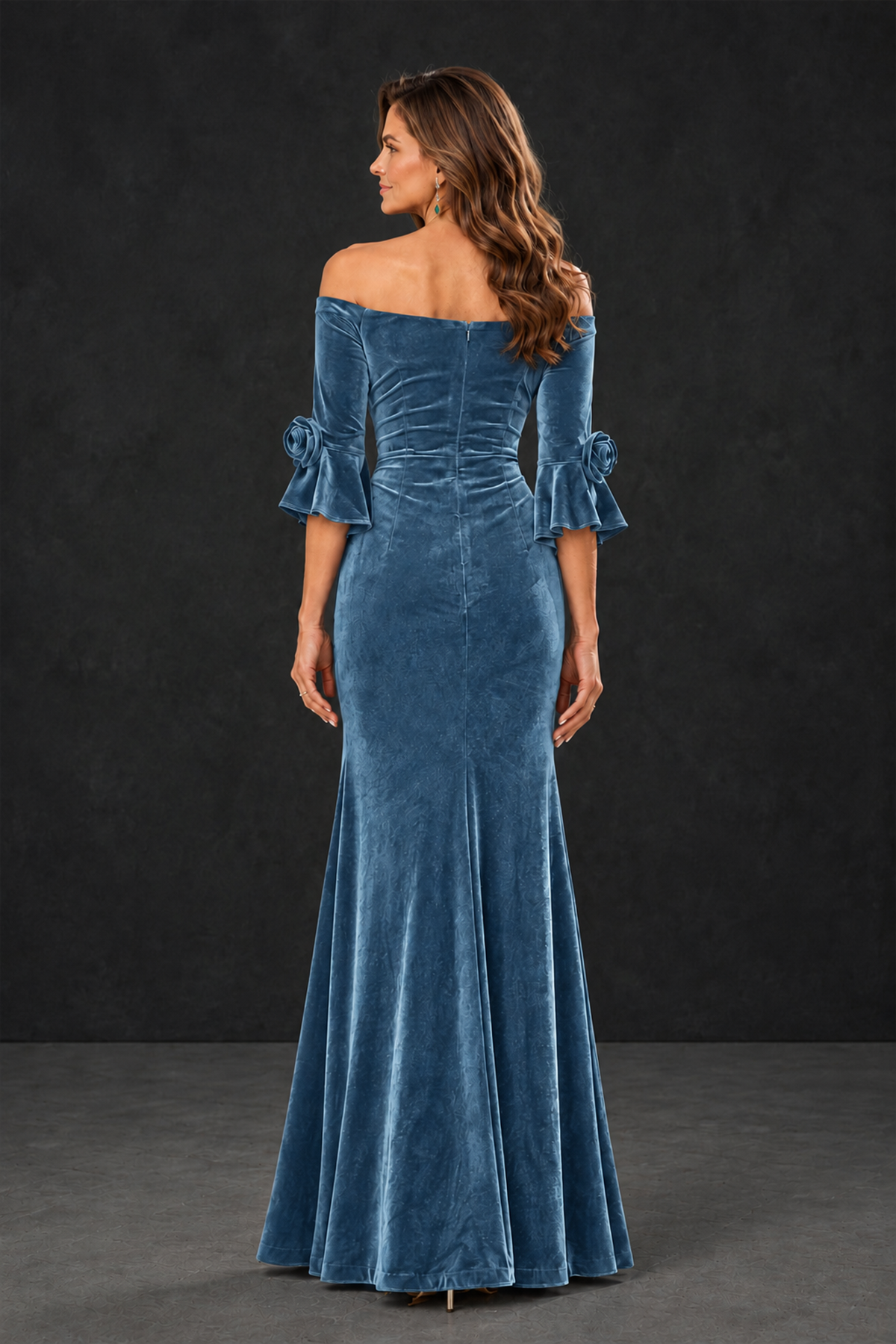BOLODOO Dusty Blue Velvet Mother of the Bride Dress with Rosette Sleeves - Dusty Blue - Dusty_Blue_2