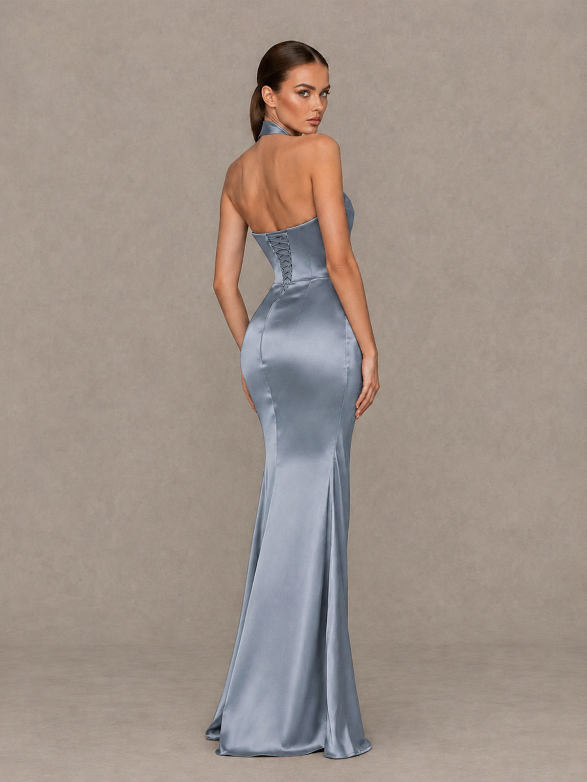 BOLODOO Dusty Blue Cross-Halter Ruched Satin-Look Evening Gown with High Slit - Dusty Blue - Dusty Blue_2