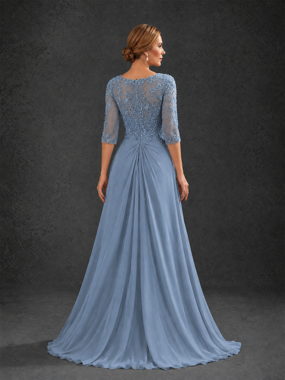 BOLODOO Dusty Blue Sweetheart Neck 3/4 Sleeve Floral Lace Illusion Bodice Chiffon A-Line Gown - Dusty Blue