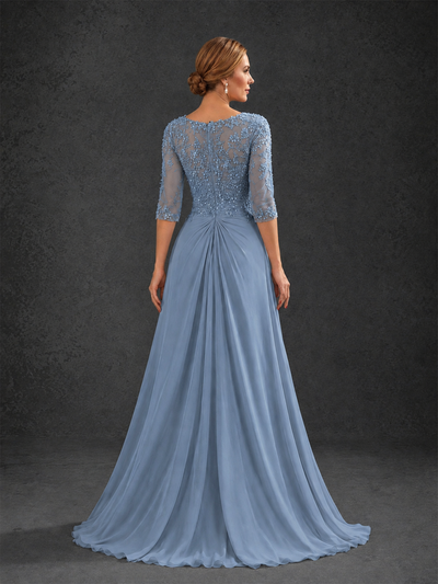 BOLODOO Dusty Blue Sweetheart Neck 3/4 Sleeve Floral Lace Illusion Bodice Chiffon A-Line Gown - Dusty Blue