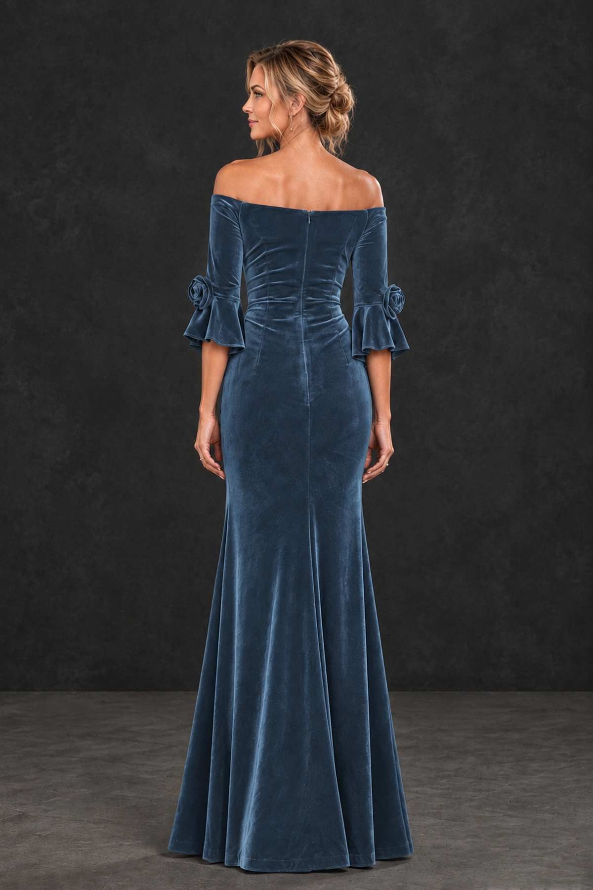 BOLODOO Dusty Blue Velvet Off-Shoulder Mother of the Bride Dress – 3/4 Floral Cuff Sleeve Mermaid Evening Gown - Dusty Blue - Dusty Blue_2