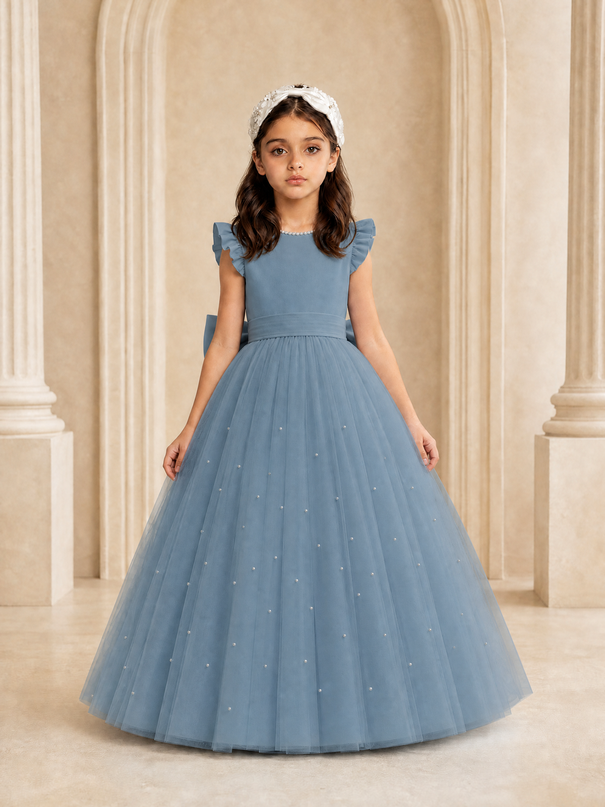 BOLODOO Dusty Blue Tulle Flower Girl Dress with Ruffle Sleeves & Bow Back - Dusty Blue - Dusty_Blue_2