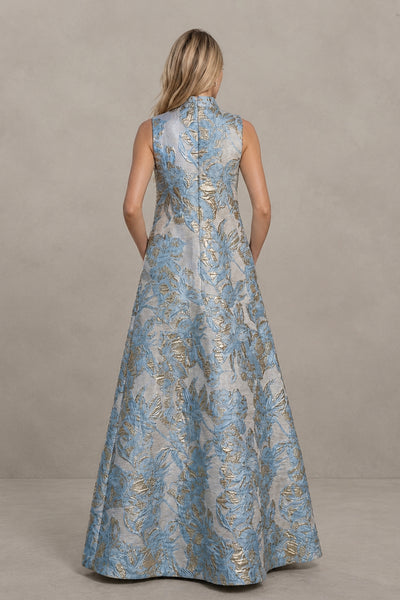 BOLODOO Dusty Blue Jacquard High Neck Sleeveless A-Line Maxi Dress – Wedding Guest & Formal Evening Gown - Dusty Blue
