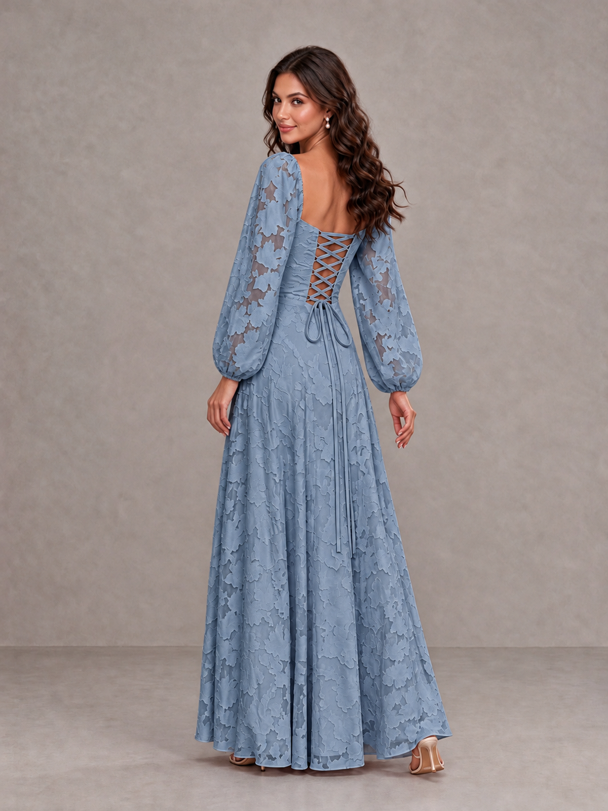 BOLODOO Dusty Blue Floral Long Sleeve A-Line Bridesmaid Dress - Dusty Blue - Dusty Blue_2