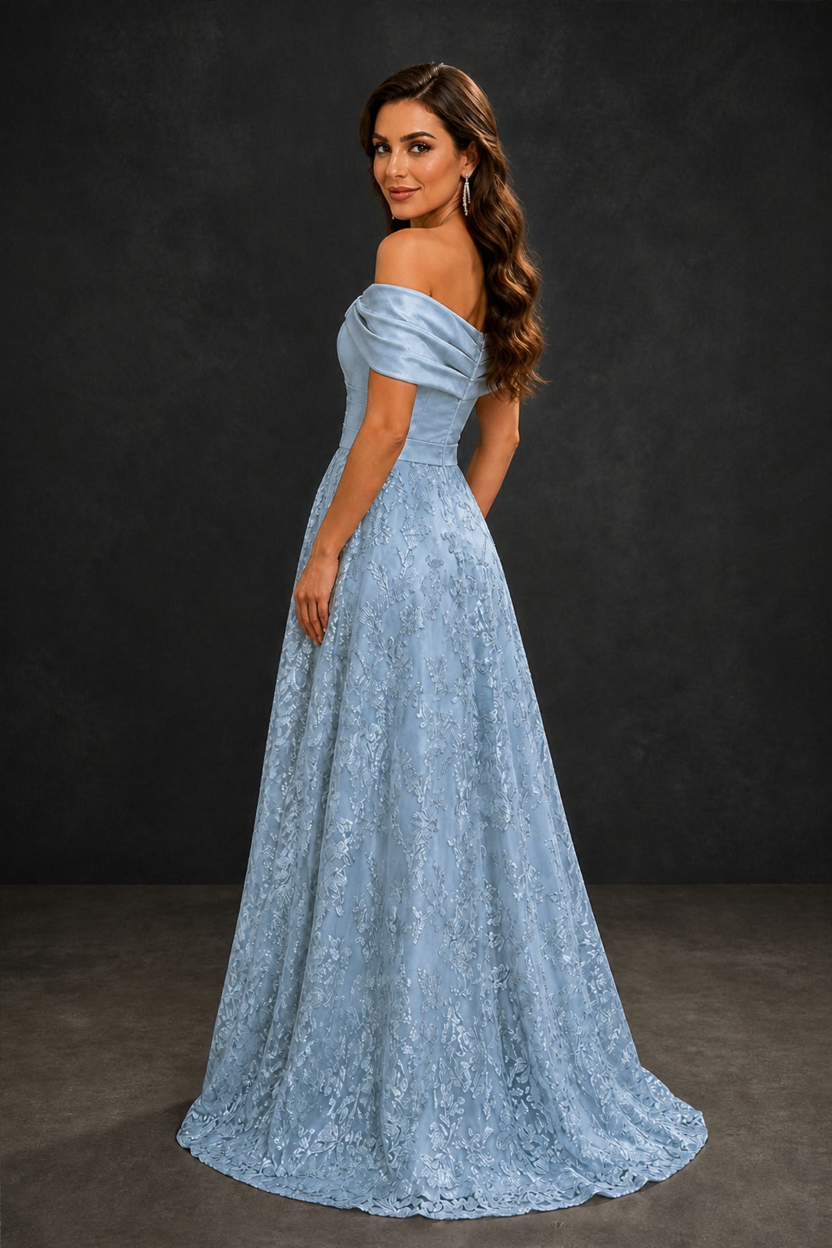 BOLODOO Dusty Blue Lace Glitter Off Shoulder Cap Sleeve A-Line Ball Gown with Train – Formal Evening Dress - Dusty Blue