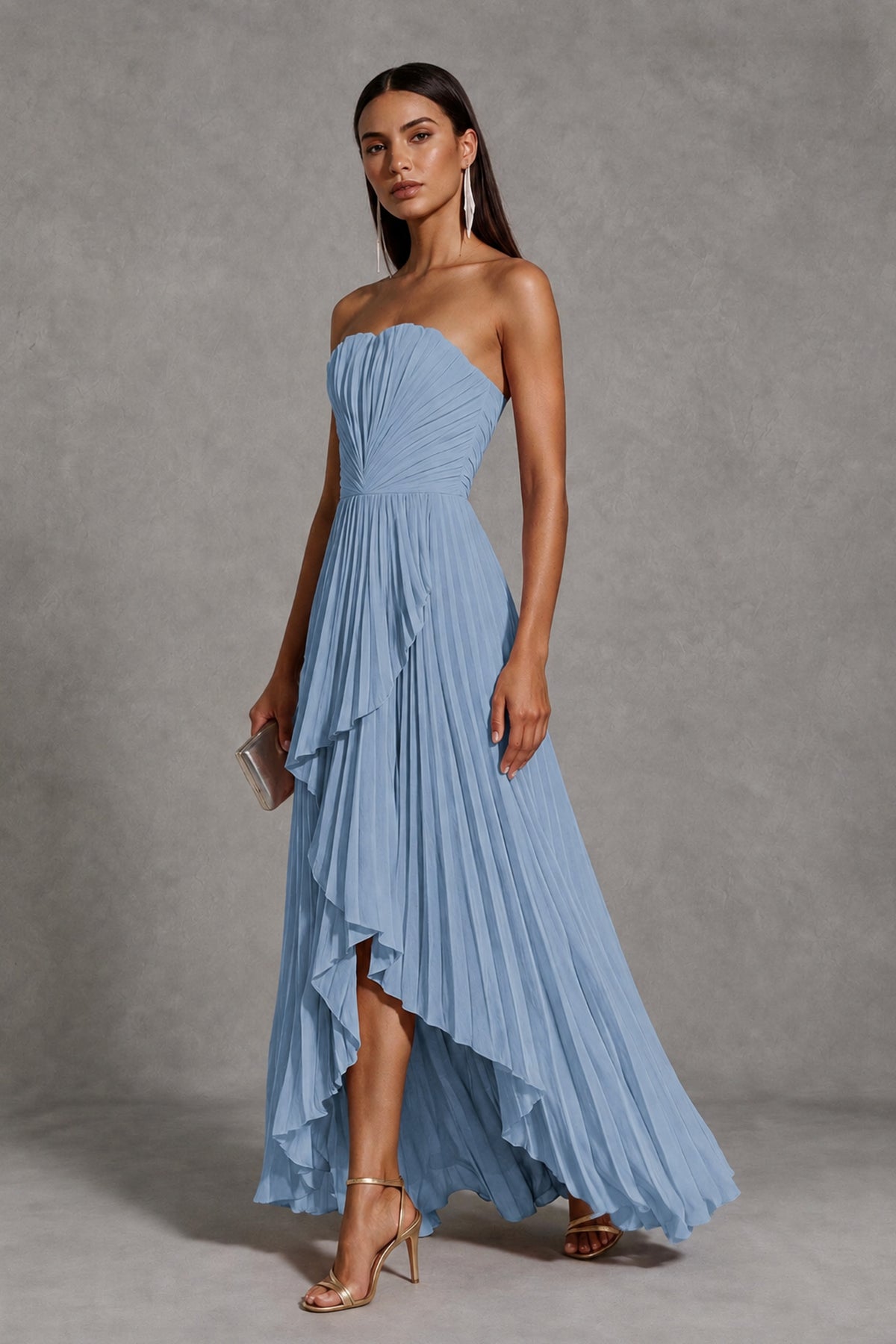 Dusty Blue Strapless Pleated High-Low Evening Gown with Ruffle Hem - Dusty Blue