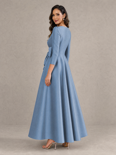 BOLODOO Dusty Blue Satin Deep V-Neck Wrap 3/4 Puff Sleeve A-Line Ball Gown Maxi Dress with Oversized Bow Belt - Dusty Blue