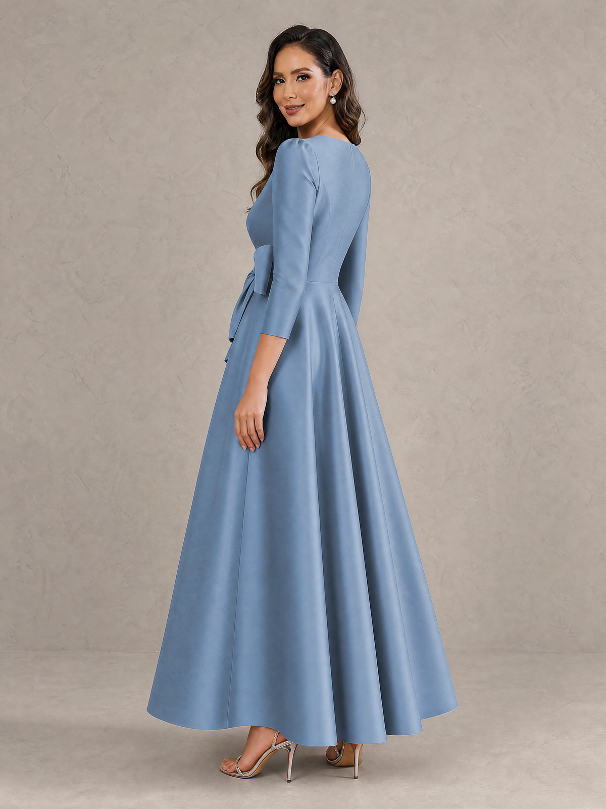 BOLODOO Dusty Blue Satin Deep V-Neck Wrap 3/4 Puff Sleeve A-Line Ball Gown Maxi Dress with Oversized Bow Belt - Dusty Blue
