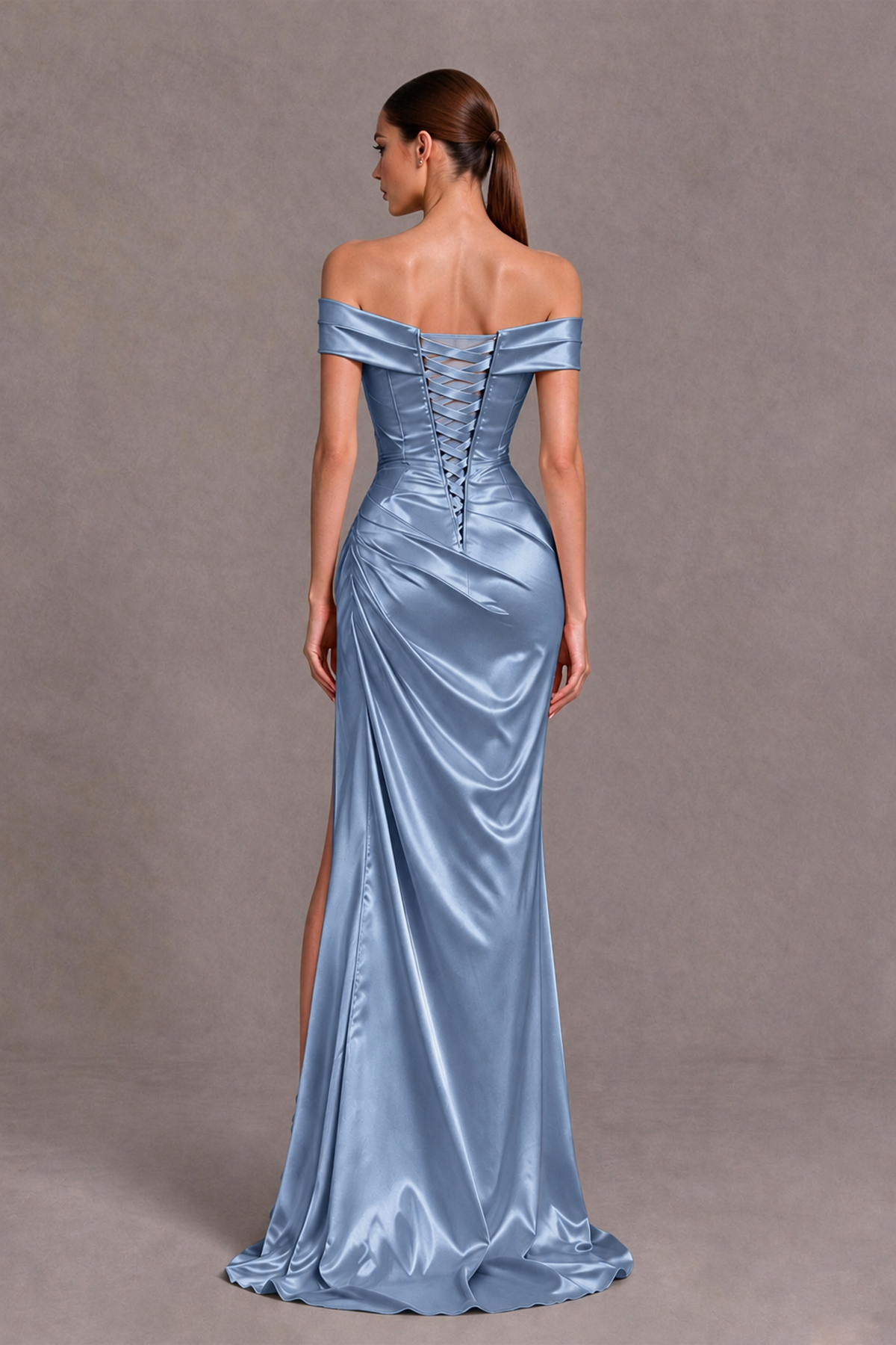 BOLODOO Dusty Blue Off-the-Shoulder Ruched Satin Prom & Evening Dress with High Slit - Dusty Blue - Dusty Blue_2