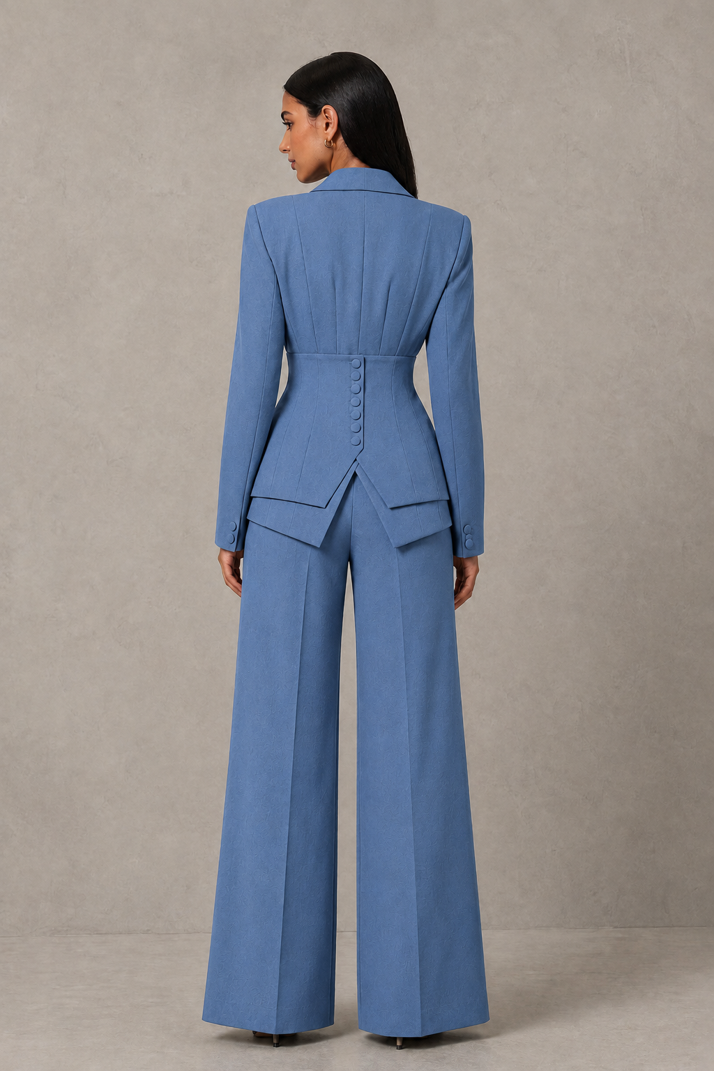 BOLODOO Dusty Blue Cinched Waist Blazer and Wide Leg Pants Two Piece Suit Set - Dusty Blue