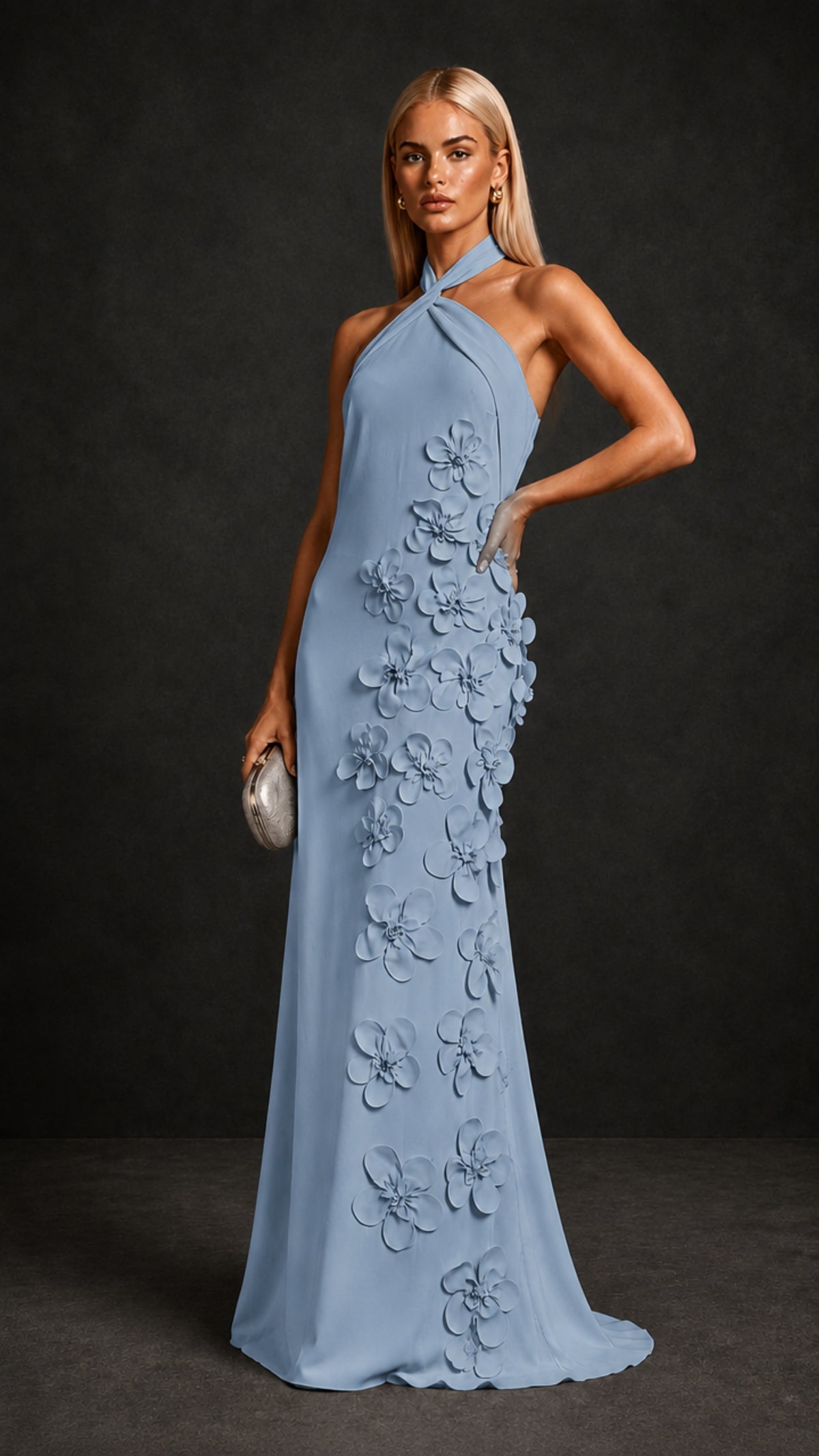 BOLODOO Dusty Blue Cross Halter Neck 3D Floral Appliqué Backless Mermaid Maxi Gown - Dusty Blue