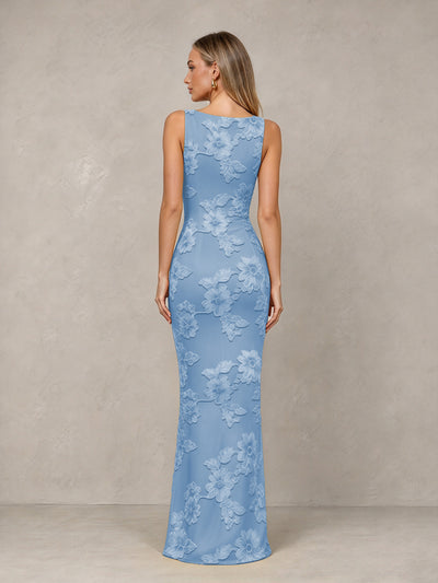 BOLODOO Dusty Blue Floral Sleeveless Maxi Wedding Guest Dress - Dusty Blue - Dusty Blue(2)