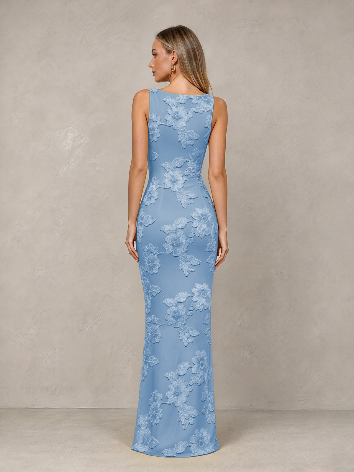 BOLODOO Dusty Blue Floral Sleeveless Maxi Wedding Guest Dress - Dusty Blue - Dusty Blue(2)