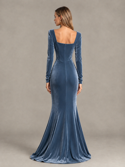 BOLODOO Dusty Blue Velvet-Look Square Neck Long Sleeve Mermaid Evening Dress - Dusty Blue - Dusty Blue_2