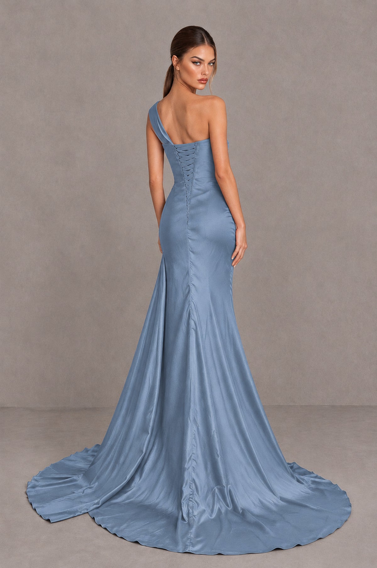 BOLODOO Dusty Blue One Shoulder Satin Mermaid Evening Dress with Ruched Slit Skirt - Dusty Blue - Dusty Blue_2