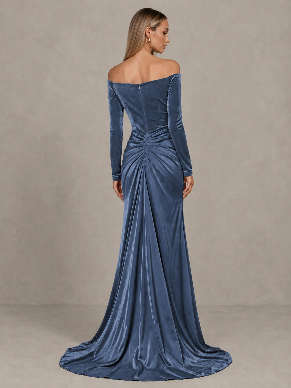 BOLODOO Dusty Blue Off-Shoulder Velvet Evening Gown with High Slit - Dusty Blue - Dusty Blue_2