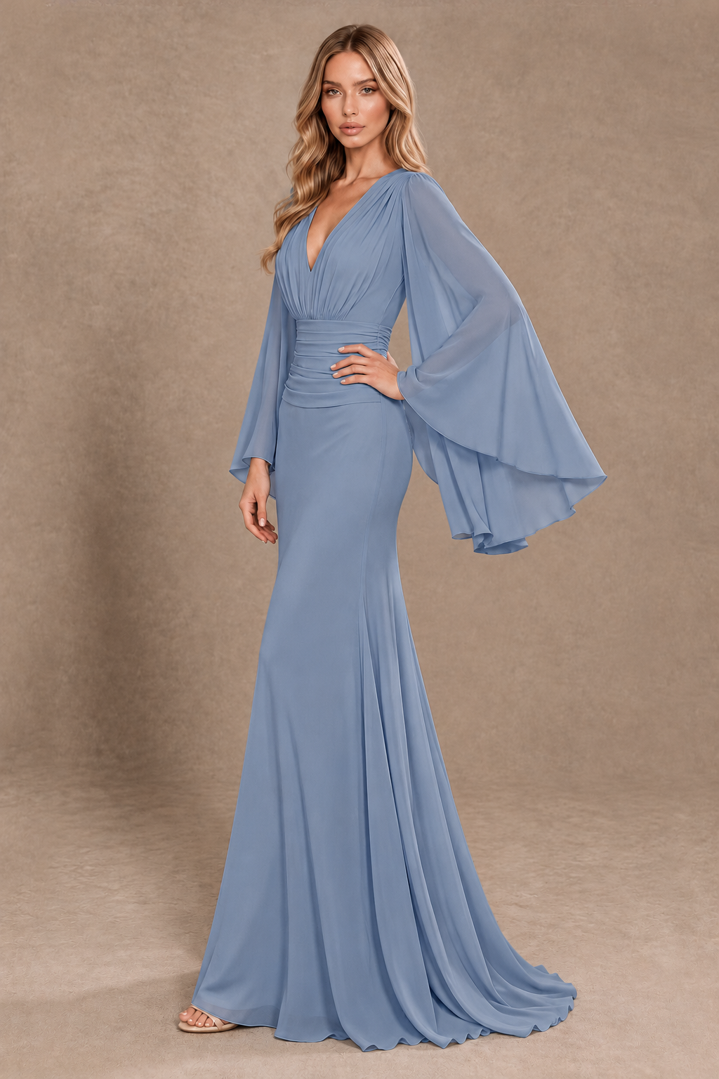 BOLODOO Dusty Blue Cape Sleeve V-Neck Ruched Chiffon Evening Dress - Dusty Blue - Dusty_Blue_2