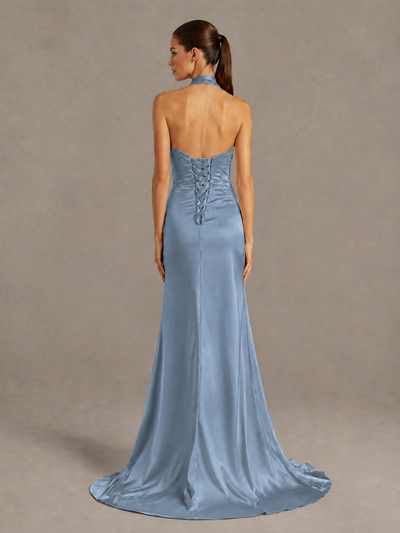 BOLODOO Dusty Blue Halter Satin Evening & Prom Dress with High Slit - Dusty Blue - Dusty Blue_2