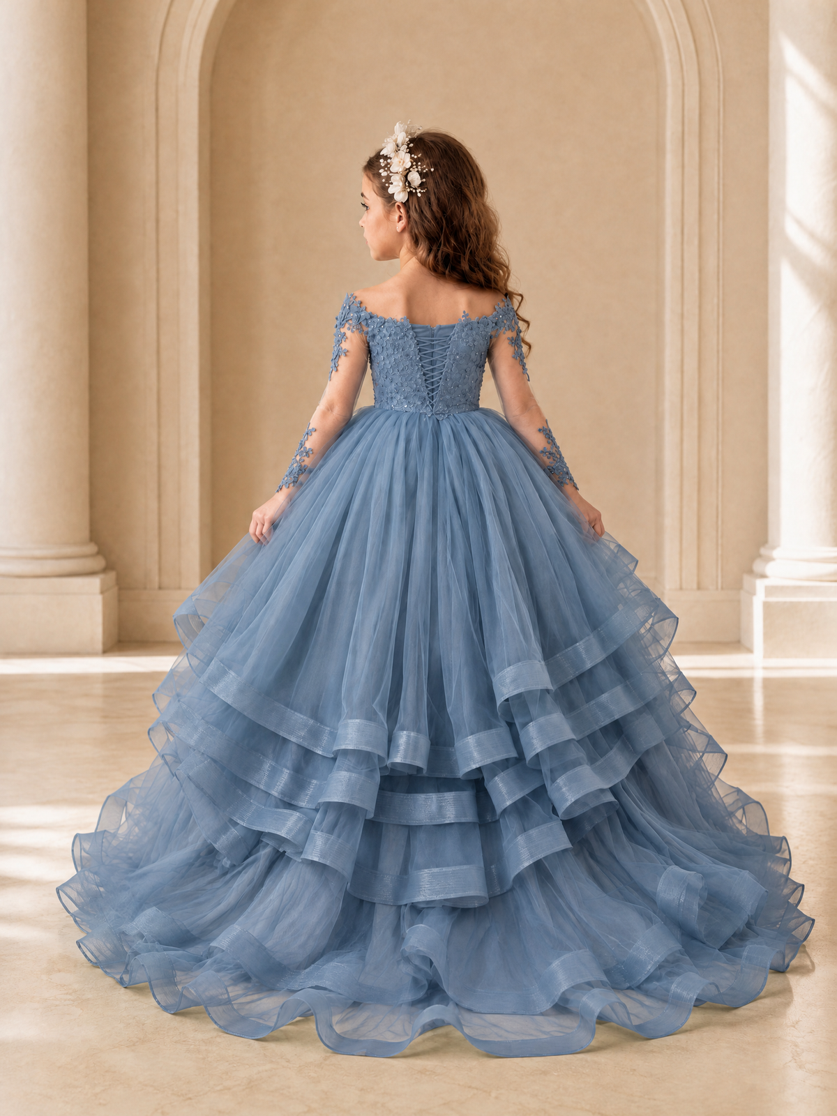 BOLODOO Dusty Blue Lace Long Sleeve Tiered Flower Girl Dress - Dusty Blue - Dusty_Blue_2