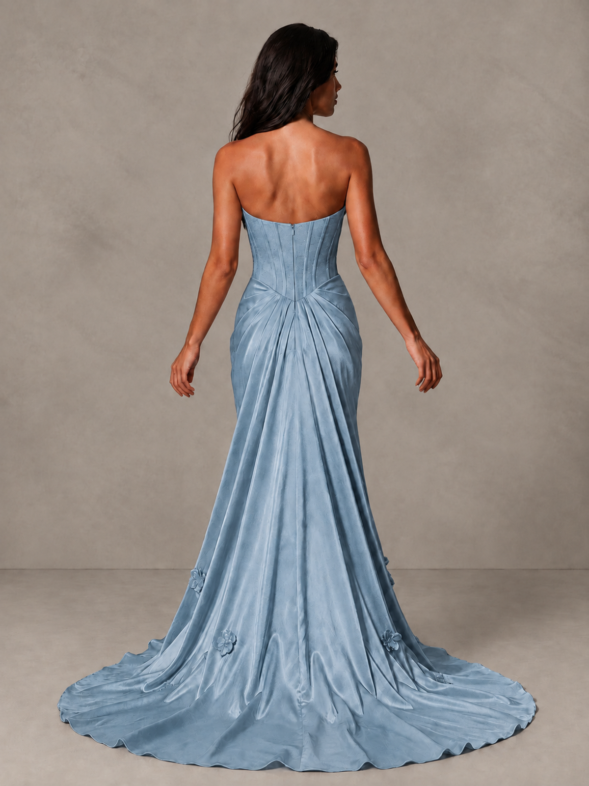 BOLODOO Dusty Blue Strapless Floral Corset Evening Gown with Train - Dusty Blue - Dusty Blue_2