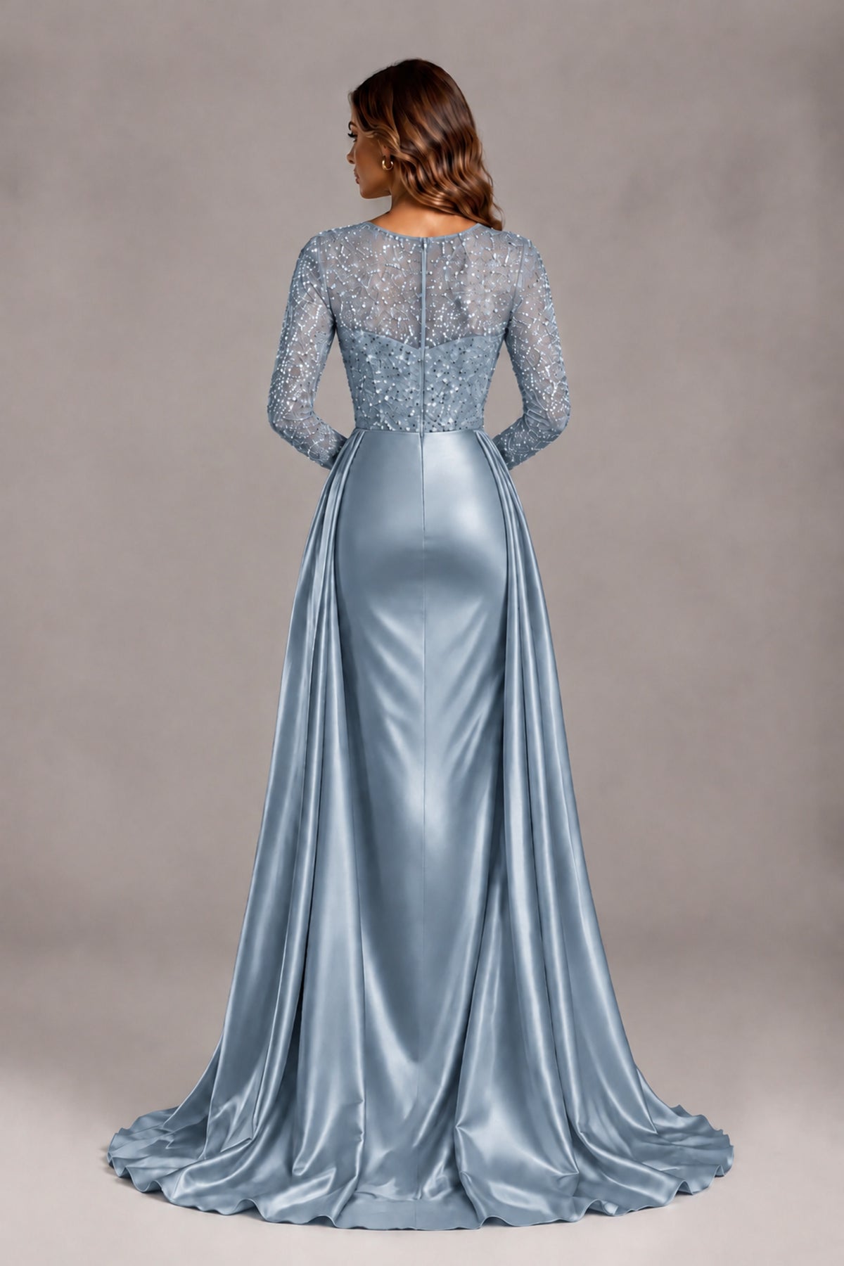BOLODOO Dusty Blue Long Sleeve Embellished Satin Evening Gown with Sweep Train - Dusty Blue - Dusty Blue_2
