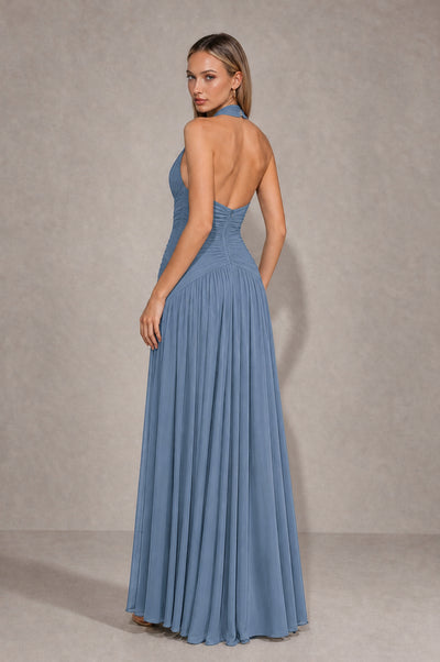 BOLODOO Dusty Blue Chiffon Halter Deep V-Neck Ruched A-Line Backless Maxi Dress with Train-BD0167 - Dusty Blue - Dusty Blue_2