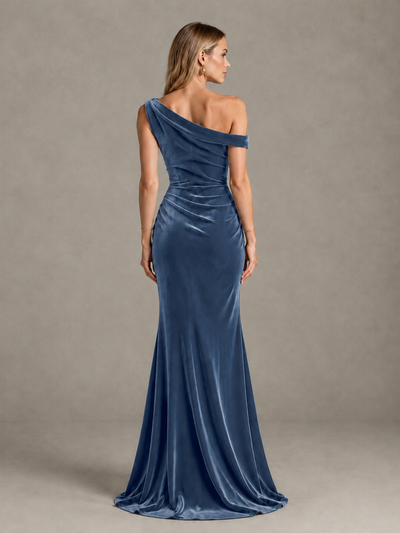 BOLODOO Dusty Blue One-Shoulder Velvet Mermaid Evening Gown - Dusty Blue - Dusty Blue_2